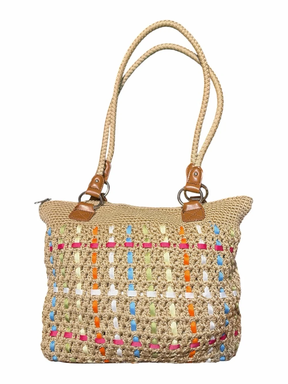 Woven Nylon Shoulder/Tote Bag with Multicolor Ribbon Accents